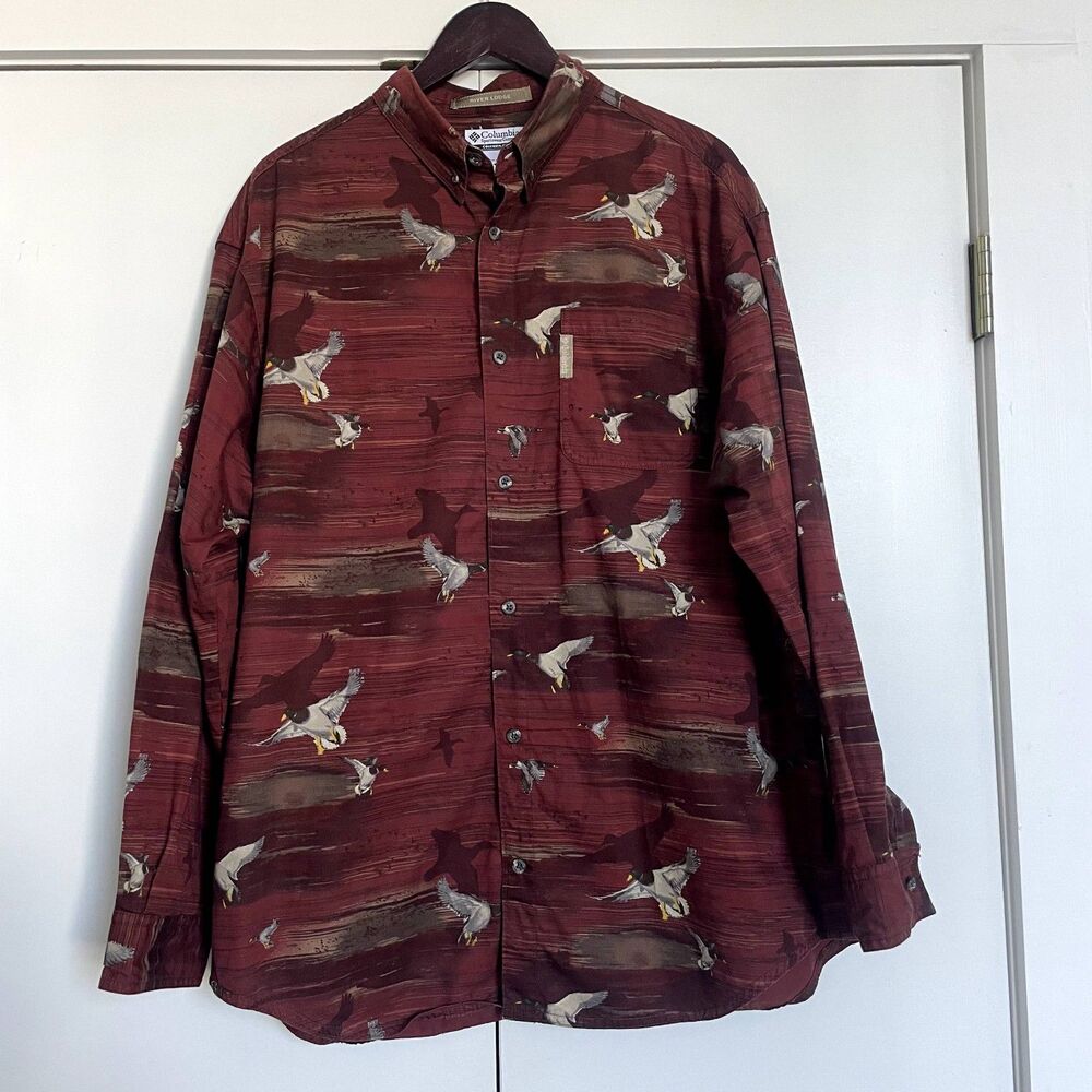 Columbia River Lodge Button-up Shirt Large Red VTG Mallard Duck Hunting Outdoor